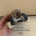 Detail of plush brown bow hair claw with lace trim and delicate pearl embellishment - Blue Stripe Bow Claw Clip