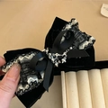 Pinza para el pelo con lazo de terciopelo negro, encaje y cadena de corazón plata - Pinza de Lazo Negro con Cadena de Corazón