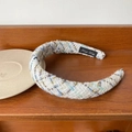 Plaid tweed headband in cream and light blue with a handmade sponge thick design - White with Blue Stripes