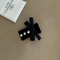 Close-up of black velvet hair clip with white floral accents and elegant satin bow - 8# Black Bow Triple Rhinestone Clip