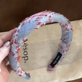 Detail of a handmade blue and red checkered headband with distressed frayed edges - Light Blue Denim Red Stripe Headband