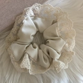 Elegant cream lace scrunchie with butterfly embroidery on white faux fur background - White with White Lace