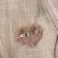 Elegant pink mesh gauze heart-shaped hair clip with gold glitter on a beige linen surface - Pink Heart