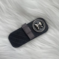 Detail of a dark grey plaid fabric hair clip with a vintage gold bow button accent - 8# Black BB Clip With Khaki Bow Portrait