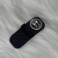 Detailed view of navy blue fabric hair clip featuring a golden bow relief button detail - 7# Black BB Clip With Black Bow Portrait