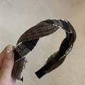 Detail of the brown corduroy and black-white checkered twist knot wide headband texture - Khaki Plaid Twist Headband