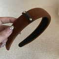 Padded brown velvet headband with decorative gold metallic beads and top strap detail - Khaki Headband With Khaki Wrap