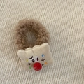 Detail of plush brown teddy bear biscuit hair tie with soft embroidery and fuzzy texture - Red Nose Biscuit Plush Scrunchie (4#)