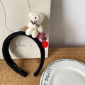 Black plush headband featuring a cute white teddy bear and colorful pompom accents - Black Headband White Bear (7#)