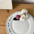 Cute plush bear hair tie in off-white with striped bow and purple mixed pompom charm - Black Hair Clip White Bear (10#)