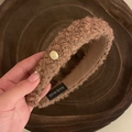 Faux lamb wool thick headband in brown with a vintage gold metal Believe buckle - Gold Tag Headband / Khaki