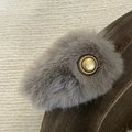 Elegant grey plush hair clip with vintage gold button accessory on wooden background - Gray Plush Oval Clip Gold Tag