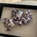 Elegant grape purple tweed bow hair clip with faux pearls and gold finish metal clamp - Purple Double Bow Hair Clip (6#)