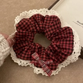 Scrunchie classico a quadri rossi con bordo in pizzo e fiocco in stile retrò - Stile Fiocco a Quadri Pizzo Plaid Rosso Nero