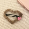 Detail of heart-shaped BB hair clip with brown yarn wrap and Human Made charms - Coffee Khaki Pink Heart Style