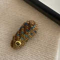 Elegant tweed bow hair clip with brown and blue weave and a vintage gold button - Coffee Caramel Gold Label