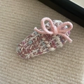 Pink tweed bow hair clip with elegant woven fabric for women on soft plush background - Pink White Stripe Fine Bow