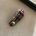 Detail of tweed waterdrop BB hair clip with colorful woven fabric and gold metal stud - Milk Tea Base Pink Stripe Gold Label