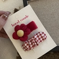 Handmade festive red flower hair clip and red checkered barrette set for girls - Red Flower Duckbill Clip Set