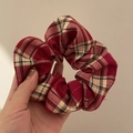 Red and beige plaid scrunchie with metallic glitter thread for bun hairstyles - Red White Plaid