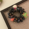 Handmade rainbow knitted hair tie with colorful wool felt balls on textured black yarn - Black Telephone Wire Loop Colorful Balls
