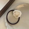 Elegant white camellia resin flower hair tie with high elastic black hair band in a dish - Silver White Textured Flower