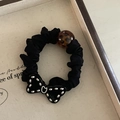 Elegante elastico nero a pieghe con perla leopardata e fiocco con borchie su vassoio - Stile Fiocco Nero Elastico Capelli Nero
