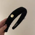 Detail of plush black headband featuring a gold metal buckle and believe in yourself text - Black Plush