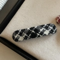 Detalle de la pinza para el pelo rectangular de tweed blanco y negro en caja de regalo - Cuadrado / Pinza de Pelo Cuadrada de Rayas Negras