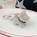 Sparkling French Bulldog keychain with white crystals and golden metal ring - White