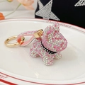 Pink and white rhinestone French Bulldog keychain with sparkling gold metal ring - Pink White