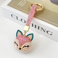 Pink rhinestone and pearl fox keychain with gold metal ring and studded strap - Tiffany Blue