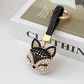 Exquisite fox head keychain featuring black crystals and white pearls in gold plating - Black