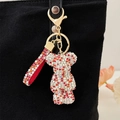 Red and white rhinestone bear keychain charm with sparkling crystals for bags - Red White