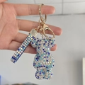 Sparkling blue rhinestone bear keychain with gold clasp and matching luxury glitter strap - Blue & White