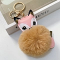 Portachiavi volpe in pelle con pompon marrone chiaro e moschettone dorato - Marrone