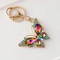 Golden butterfly keychain pendant with colorful rhinestones and vibrant crystal gems - Rainbow