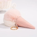 Portachiavi a cono gelato in ecopelliccia rosa con pelle PU trapuntata e anello dorato - Gelato Rosa Bianco