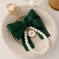 Forest green ribbon bow keychain with pearl ring and gold pendant for bag decoration - Dark Green