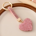 Pink rhinestone heart keychain with matching glitter ribbon and gold metal hook - Pink