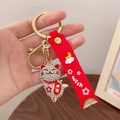 Porte-clés chat porte-bonheur avec strass rouges, anneau doré et dragonne wish - Chat de la Fortune