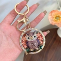 Rhinestone owl keychain with purple crystals and gold lobster clasp for bags - Purple