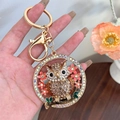 Exquisite gold metal owl keychain with colorful rhinestones and pink enamel flowers - Champagne