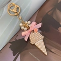 Portachiavi a forma di gelato con perle e fiocco rosa e chiusura dorata elegante - Bianco