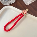 Red woven leather cord keychain with gold Zhao character pendant and crystal inlay - Without Ring Style / Red