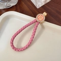 Pink braided leather keychain with golden lucky charm and sparkling rhinestone border - Without Ring Style / Pink
