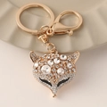 Sparkling fox head keychain with rhinestones on gold alloy ring for handbags - Fox Style (6531)