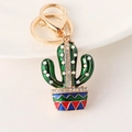 Portachiavi a forma di cactus con strass e vaso colorato su anello dorato - Cactus (6604)