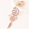Rosa Strass Mond Traumfänger Schlüsselanhänger mit goldenen Federn und Sonne - Rosa