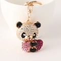 Porte-clés panda scintillant avec cœur rose et strass blancs sur cadre en métal doré - Rouge Rose